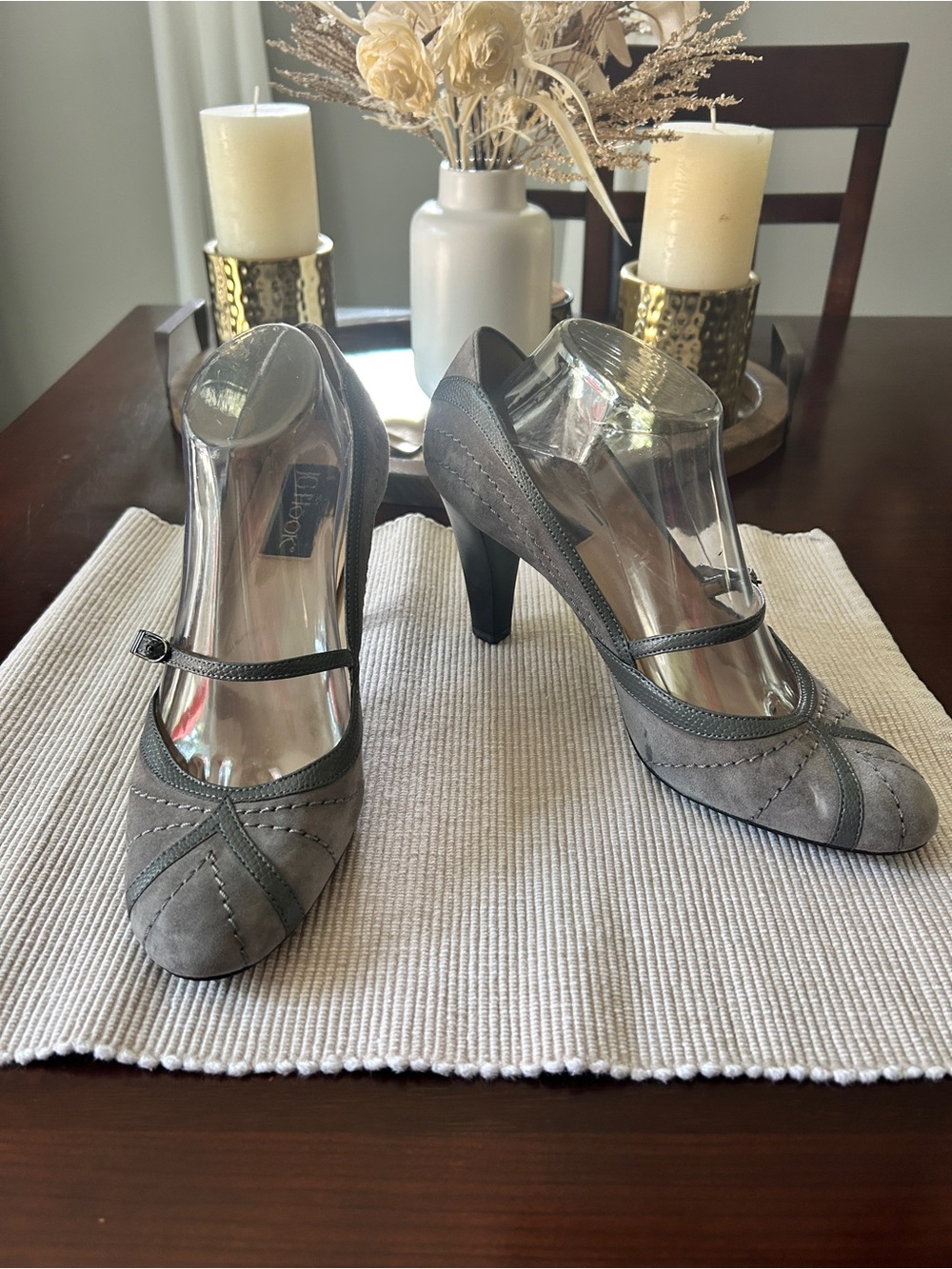 Gray Leather & Suede Mary Jane Heels 9-1/2